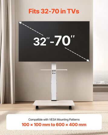 Підставка для телевізора VEVOR на роликах, регульована по висоті, поворотна (25°), з полицею, для телевізорів 81-178 см (до 40 кг), для спальні/вітальні