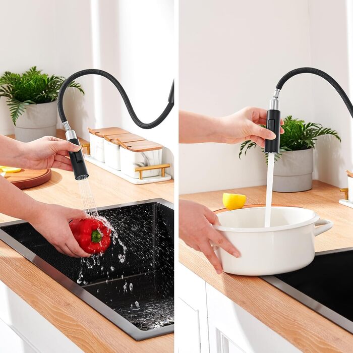 Змішувач кухонний Lonheo з висувною лійкою, високий поворотний кран для кухні з нержавіючої сталі, двофункціональний, для мийки, матовий чорний