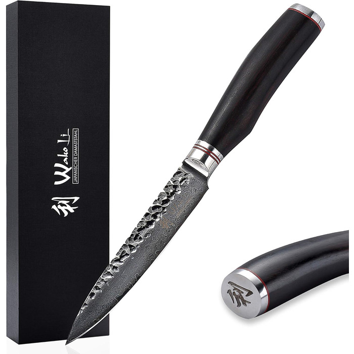 Wakoli EBO Преміум Дамаст універсальний ніж з лезом 12 см, виготовлений з 67 шарів справжнього дамастської сталі та чорного дубового дерева | Ніж Дамаст, кухонний ніж, професійний кухарський ніж