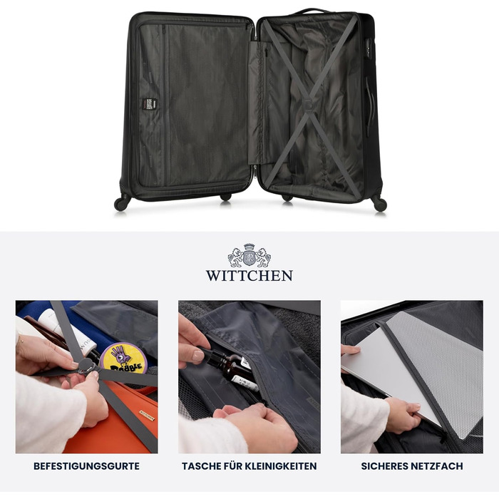 Набір валізWITTCHEN Globe Line: 4 валізи (великий, середній, маленький, ручна поклажа) з ABS-пластику, 4 колеса, кодовий замок, телескопічна ручка, чорний колір. Підходить для Lufthansa, Eurowings, Ryanair, Condor, Discover Airlines