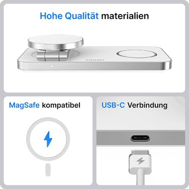 Зарядний пристрій Voomy 3-в-1 з індукційною зарядкою, сумісний з MagSafe, для iPhone, AirPods та Apple Watch, 15W, складаний, з USB-C кабелем та адаптером (білий)