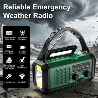 Leaton Радіостанція аварійна з ручним генератором, NOAA, AM/FM, 10000 mAh | Сонячна Power Bank, USB-C, ліхтарик, SOS-сигнал, для кемпінгу, виживання, військових, зелений