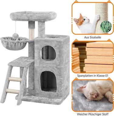 Yaheetech Cat Tree 94 cm high, Cat Climbing Tree for Cats, with Sisal Posts, Caves, Large Platform, Basket, Plush Balls, Light Grey