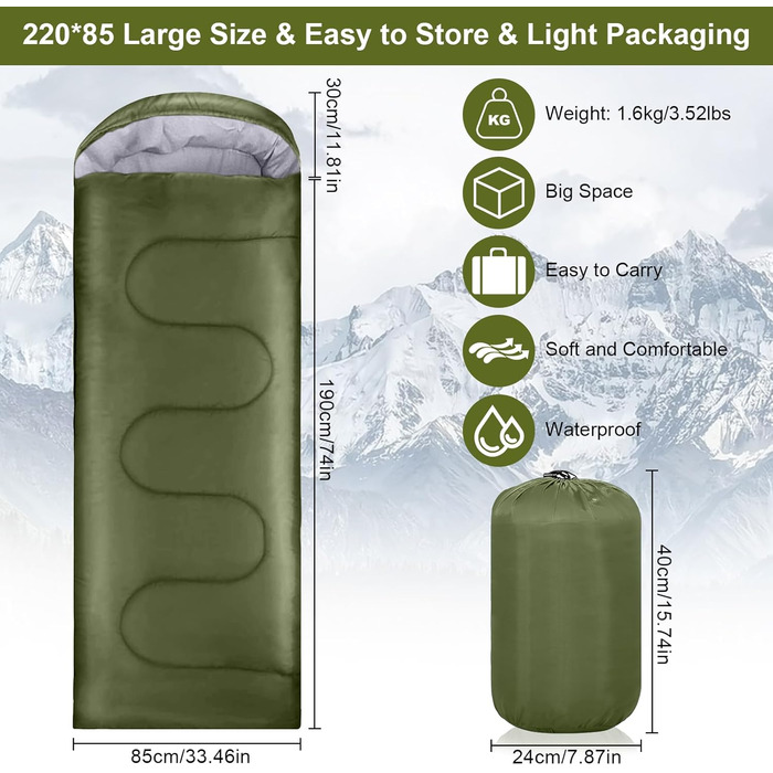 Зелений спальний мішок 220x85 см, водонепроникний, 3 сезони, 1.6 кг, для дому та відпочинку на природі