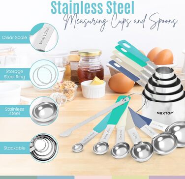 Nextop 14-Piece Stainless Steel Measuring Cup and Spoon Set with All Stackable Sizes and Levelers for Dry Ingredients, Complete Set for Kitchen & Baking Measuring Tools (Aqua Sky Blue Set)