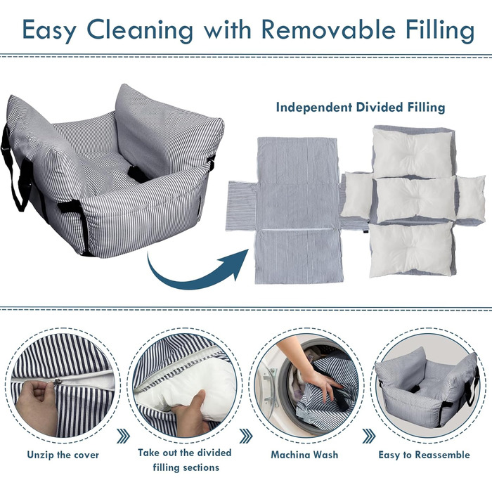 Автокрісло для собак маленьких та середніх порід (до 18 кг), з ременем безпеки та кишенями, антиковзаюча підставка, миється, морські смуги, 76x52 см