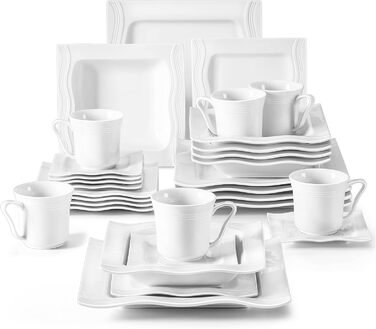 MALACASA 30-Piece Porcelain Dinnerware Set - Classic White Dinner Set with Coffee Cups, Saucers, Dessert Plates, Soup Bowls & Dinner Plates