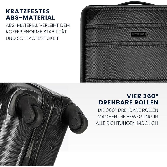 Набір валізWITTCHEN Globe Line: 4 валізи (великий, середній, маленький, ручна поклажа) з ABS-пластику, 4 колеса, кодовий замок, телескопічна ручка, чорний колір. Підходить для Lufthansa, Eurowings, Ryanair, Condor, Discover Airlines