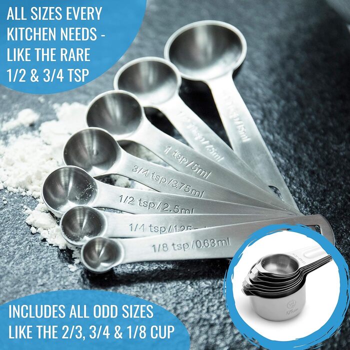 Stainless Steel Measuring Cups and Spoons Set, 16 Pieces, 7 Cups & 7 Spoons + Leveler & Chart - Metal Measuring Spoons and Cups - Stainless Steel Dry Measuring Cups & Liquid Metal