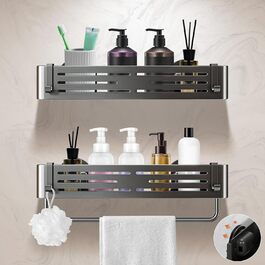 Поличка для душу Lekesky без свердління, кутова, з міцними присосками, алюміній, нержавіюча сталь, знімна, для ванної кімнати, кухні, орендованого житла (2 шт., сірий gunmetal з тримачем для рушників, прямокутна)