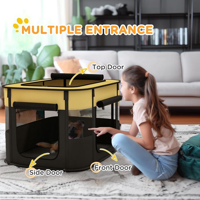 Клітка для собак PawHut, 94 x 74 x 60 см, розмір M, жовта, складана, з сумкою для зберігання