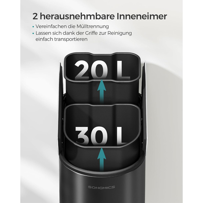 SONGMICS Відро для сміття кухонне, сортувальник 2 відділення, 30 л та 20 л, вузьке, з педаллю, для переробки та сміття, з двома кришками, білий + металік