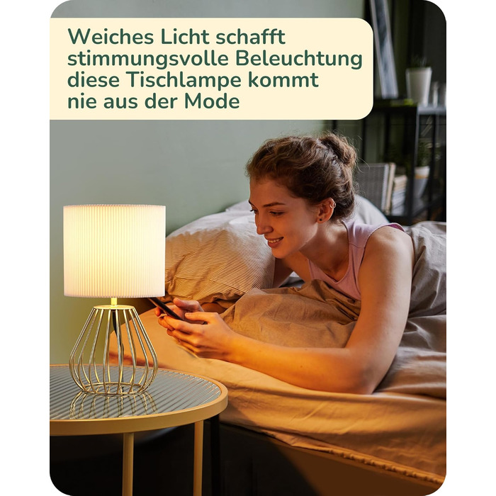 EDISHINE Настільна лампа, сучасний індустріальний дизайн, цоколь E14, вінтажна, для спальні та вітальні, бежево-чорна (кремово-білий плісе + золото)