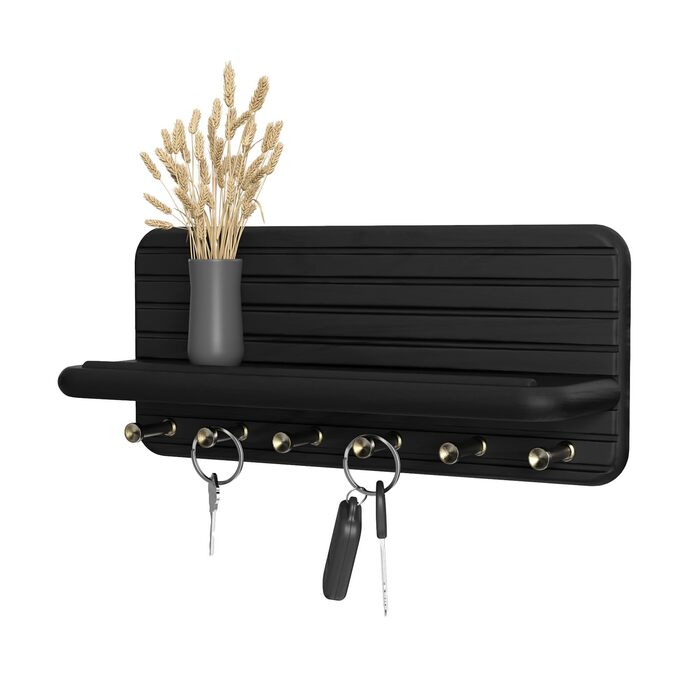 Дерев'яне ключниця з полицею та 6 гачками, ключниця на стіну для прихожей, кухні (чорний)