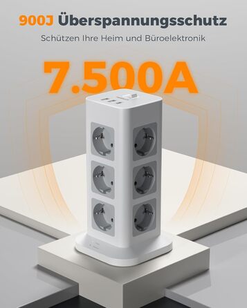 Многорозеткова смуга TESSAN із захистом від перенапруги, 3600W, 16A, 12 розеток, 2 USB-A, 1 USB-C, кабель 2м, сіра