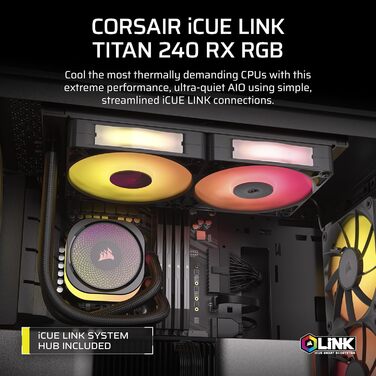 Система водяного охолодження Corsair iCUE LINK Titan 240 RX RGB для CPU - 240 мм AIO з 2 вентиляторами RX120 RGB, сумісна з Intel LGA 1851/1700, AMD AM5/AM4, з iCUE LINK-хабом, чорний колір