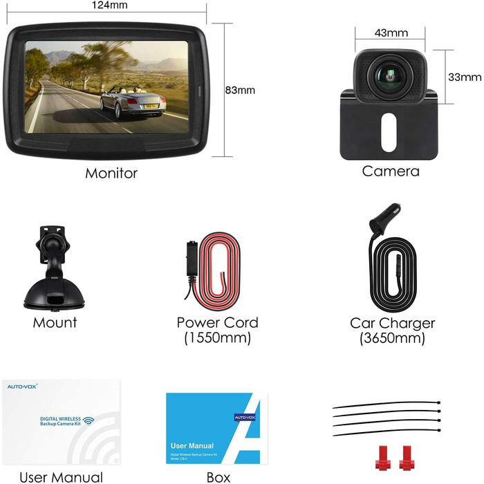 AUTO-VOX Цифрова бездротова камера заднього виду CS2 з 4,3'' LCD монітором, IP68, нічне бачення, внутрішня антена, легке встановлення