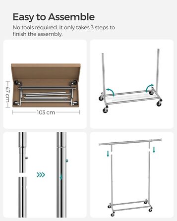 SONGMICS Heavy-Duty Clothes Rack, 2-Piece Set, Rolling Garment Rack, Holds up to 90 kg, with Extendable Wardrobe Rack, Folding Base, Shelf for Boxes, Silver HSR013S02