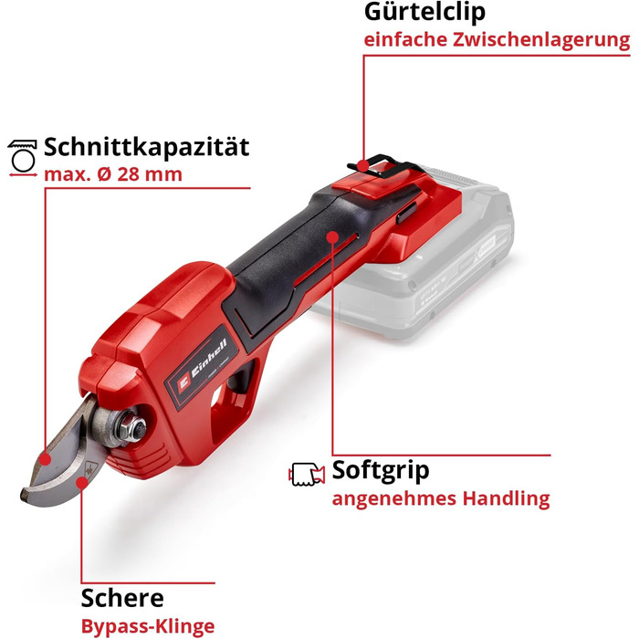 Акумуляторний сучкоріз Einhell GE-LS 18 Li-Solo Power X-Change, 18 В, до 28 мм, байпас-лезо, без акумулятора та зарядного, м'яка ручка, безпечний вимикач
