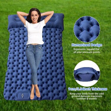 Надувний килимок для кемпінгу Mumisuto Isomatte на 2 особи з самонадуваванням, з насосом-пресом та подушкою, 196 x 125 x 9 см, блакитний