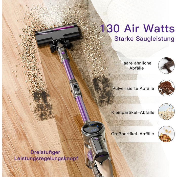 Бездротовий акумуляторний пилосос 28KPa з LED-дисплеєм, антинамотувальною щіткою та змінним акумулятором. Підходить для твердих поверхонь, килимів та видалення шерсті тварин (фіолетовий)