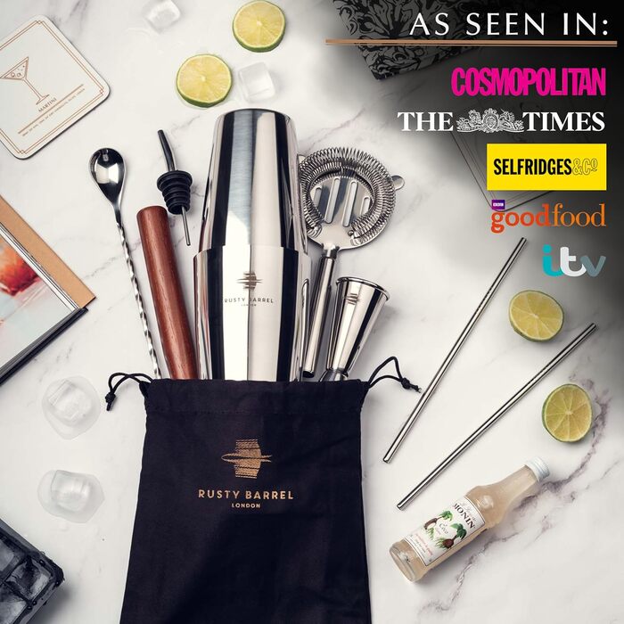 Belgravia Cocktail Set – Cocktail Shaker Set with Boston Stainless Steel Cocktail Shaker and Cocktail Accessories | Cocktail Mix Set in a Luxurious Gift Box (Silver)