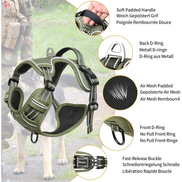 Нашийник для собак HEELE з посиленим кріпленням, світловідбиваючий, з м'якою ручкою, для контролю, 2 металеві кільця, для малих, середніх та великих собак, армійський камуфляж, зелений, M M MC-Armee Grün