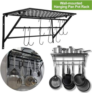 Ejoyous Kitchen Shelf Pan Shelf Kitchen Storage, Kitchen Wall Shelf Kitchen Wall Shelf Kitchen Holder Pan Holder with 10 S-shaped Hooks for Hallways Kitchen Bathrooms 60 x 25 x 25 cm