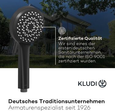 KLUDI-X1 Universal Shower Head with Hose, optional showerhead for water-saving use with 3 spray patterns (Body, Hair, Skin), easy-to-clean shower head Ø 10.7 cm, shower hose 1.60 m (Matte Black, 1 spray pattern)