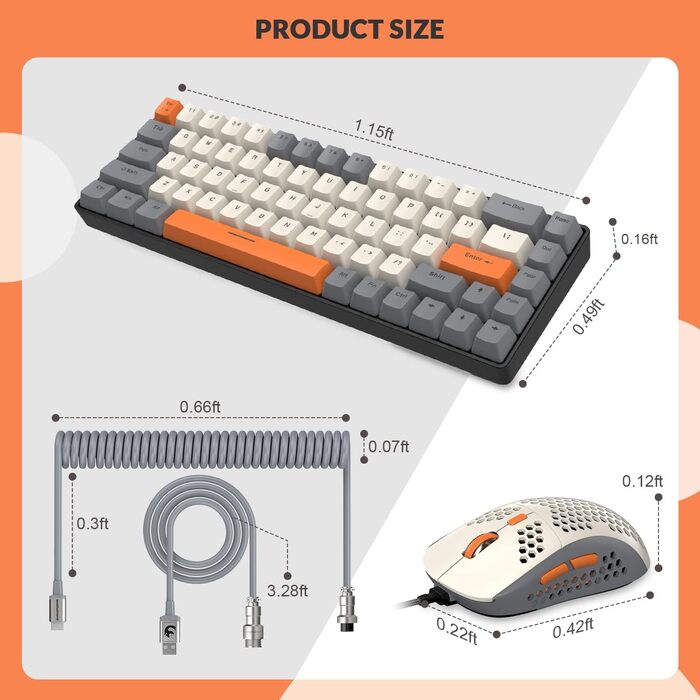 Ігровий комплект клавіатури та миші YINDIAO T8 RGB (68 клавіш) з USB-C кабелем, 6400DPI, для PC/PS5, темно-сірий