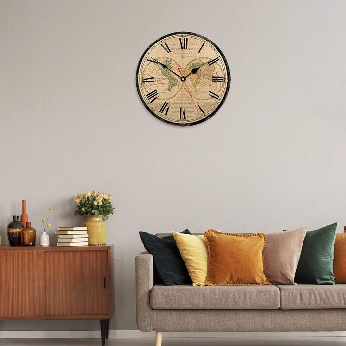TAHEAT World Map Wall Clock, Large Classic Wooden Clock, Silent Non-Ticking Easy to Read for Home/Office/School, 34 cm