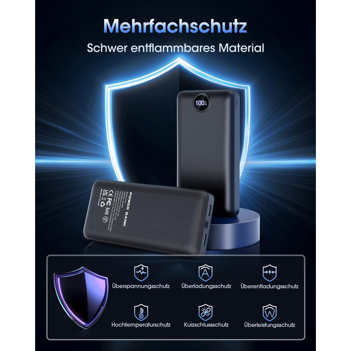 Power Bank 50000mAh з LED дисплеєм: Швидка зарядка 22.5W, USB-C, 3 виходи та 2 входи (Чорний)