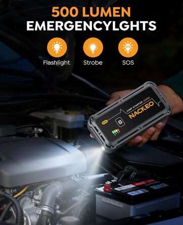 Powerbank Starthilfe 7000A: Зарядний пристрій для автомобіля, 12V, для бензинових та дизельних двигунів (до 10л), з кабелями та LED-ліхтариком, для авто, SUV, вантажівок, мотоциклів