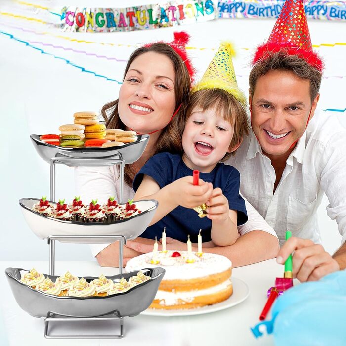 Керамічна фруктова ваза на стільницю, 3-ярусна, з металевим каркасом, для фруктів, овочів та десертів (срібна)