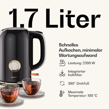 Набір тостера та чайника Klarstein Victoria, ретро дизайн, 2-х слайковий тостер з 7 рівнями підсмажування та підставка для бургерів, чайник 1.7л з фільтром від накипу, набір для сніданку, кремовий (чорний, повний комплект)