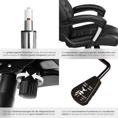 Офісний крісло Tectake, крісло для шефа, поворотне крісло на колесах, комп'ютерне крісло, регульоване по висоті, ергономічне крісло з екошкіри, з підлокітниками та функцією гойдання, 12 см підкладки - чорне