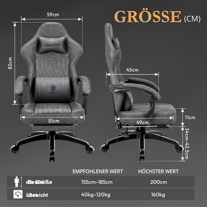 Ігровий крісло Dowinx з підголівником та масажем попереку, ергономічний геймерський крісло з підніжкою, офісне крісло з PU шкіри (Сірий)