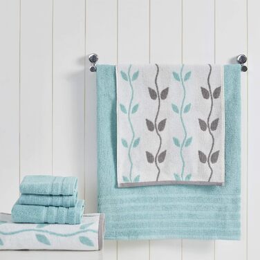 Amrapur Overseas Towel Set, yarn-dyed, organic fronds, jacquard/solid, ultra-soft, 500 g/m², 100% combed cotton, Aqua, 6-piece