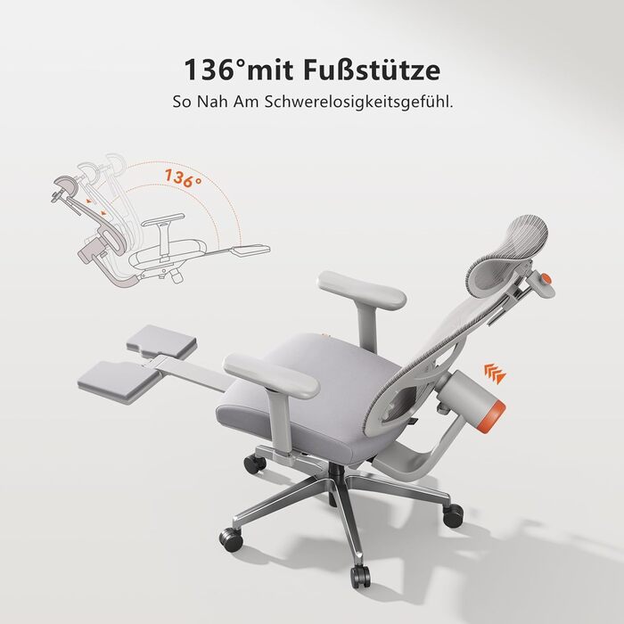 Офісне крісло Newtral MAGICH-PRO з підніжкою: ергономічне, з підтримкою голови та попереку, до 150 кг, сірого кольору