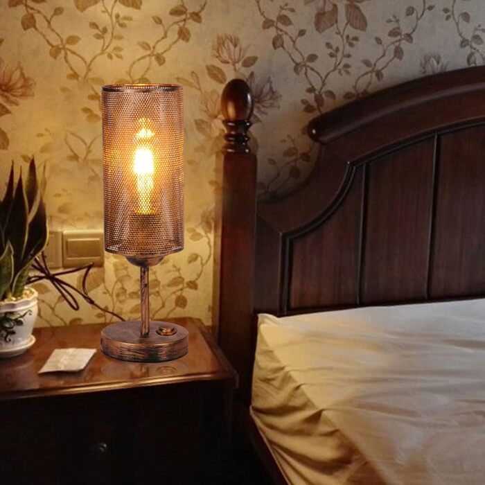 Промислова настільна лампа з металу, Е27, рустикальний стиль, ка́фільний абажур, вінтажна лампа Едісона для вітальні, з вимикачем (без лампочки), чорний колір, кругла, ретро