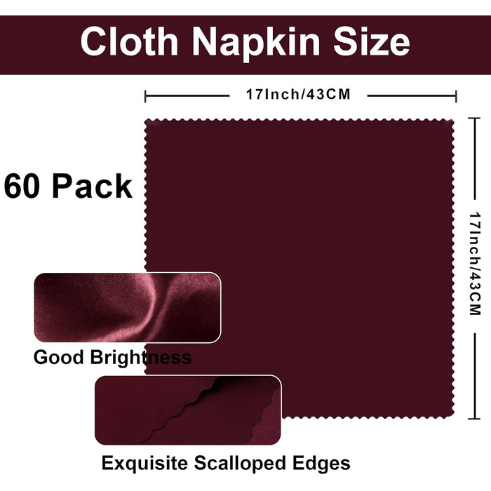 SiinvdaBZX 60-Piece Burgundy Cloth Napkins with Waved Edges, 16.8 x 16.8 inches (43.2 x 43.2 cm), Square Satin Napkins, Silky Soft Polyester, Restaurant, Decoration
