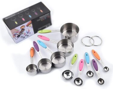 FBHappiness 10-Piece Stainless Steel Measuring Cups and Spoons Set, 5 Measuring Cups and 5 Measuring Spoons with Colored Silicone Handles (Color: A, Size A