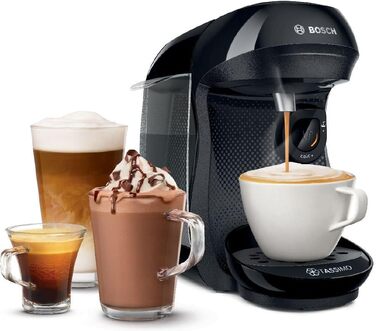 Кавомашина Tassimo Happy TAS1002N від Bosch: понад 70 напоїв, автоматична, для будь-яких чашок, компактна, 1400 Вт, чорний/антрацит