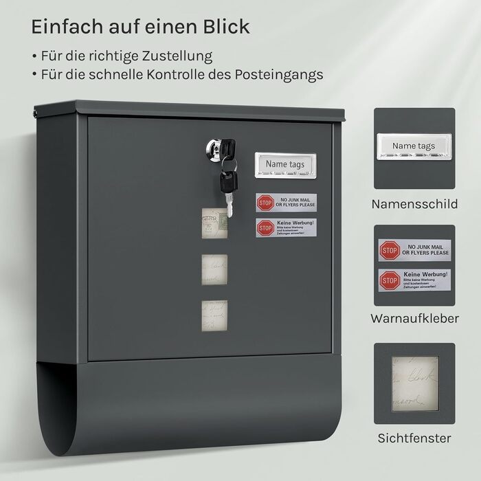 Поштовий ящик WOLTU з газетницею та вікном, замок, табличка для імені, вуличний, антрацит 37x37x10.5 см