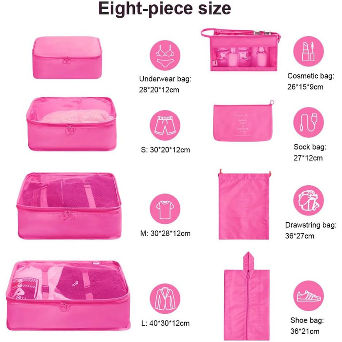 Органайзер для валізи OSDUE 8 шт., Набір кубиків для пакування, Водонепроникні сумки для одягу в подорожі, Органайзери для валізи, Кубики для пакування з косметичкою, мішком для взуття, сумкою для USB-кабелів (Бежевий) (Тип A-rose Red 8pcs)