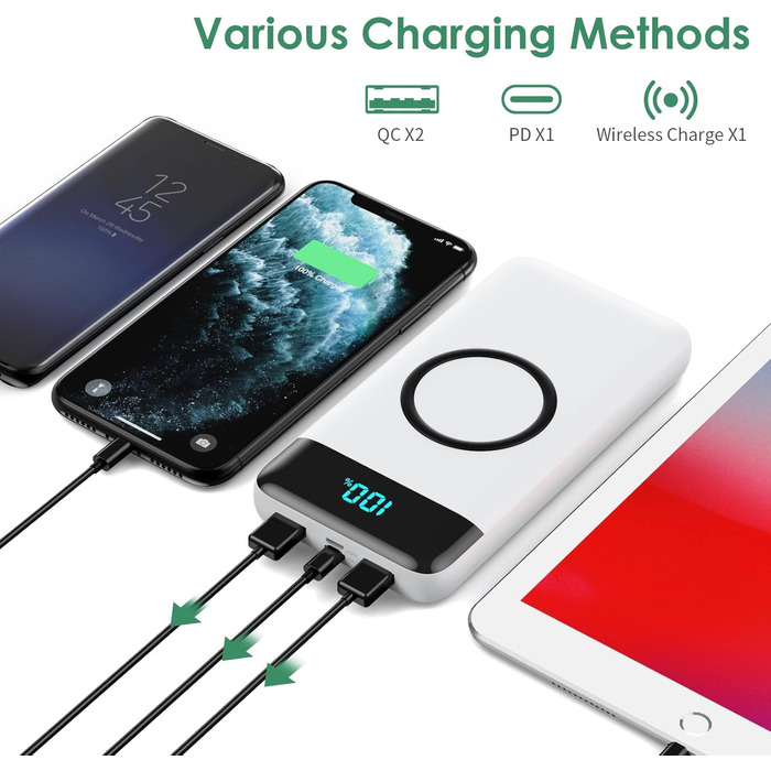 Бездротовий Power Bank 26800mAh 25W PD 3.0 + QC 4.0, зовнішній акумулятор з LCD-дисплеєм та підтримкою швидкої зарядки 15W, 4 USB виходи для iPhone, Samsung, Huawei, Oppo — Білий, Слім