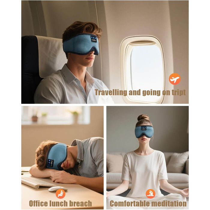 Маска для сну Musicozy з навушниками Bluetooth | 100% затемнення, для подорожей, преміум якість | Подарунок для чоловіків та жінок (Синій)
