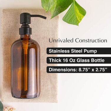 2-Pack Soap Dispenser Set for the Kitchen with Stainless Steel Pump, Amber Glass, 475ml, Hand Soap Dispenser for the Bathroom, Dish Soap Dispenser for the Kitchen with Waterproof Labels