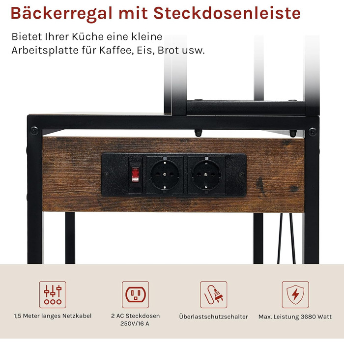 Кухонна полиця WOLTU з 6 ярусами та розетками, мікрохвильова полиця з 6 гачками, полиця пекаря з металевим каркасом, регульовані полиці, Чорний+Рустикальне коричневий, 60 x 167 x 40 см, Чорний+Вінтажний коричневий 60 x 39,5 x 167 см