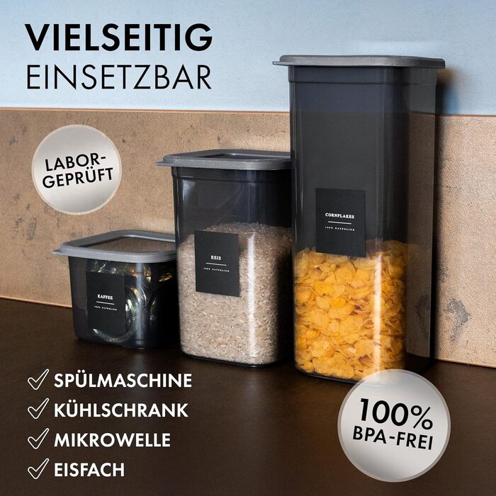 Герметичні контейнери для зберігання з кришкою [набір 12 шт] – Складні та економні контейнери для кухні – Ідеально підходять для борошна, макаронів, мюслі та іншого – Набір контейнерів для продуктів у антрацитовому кольорі